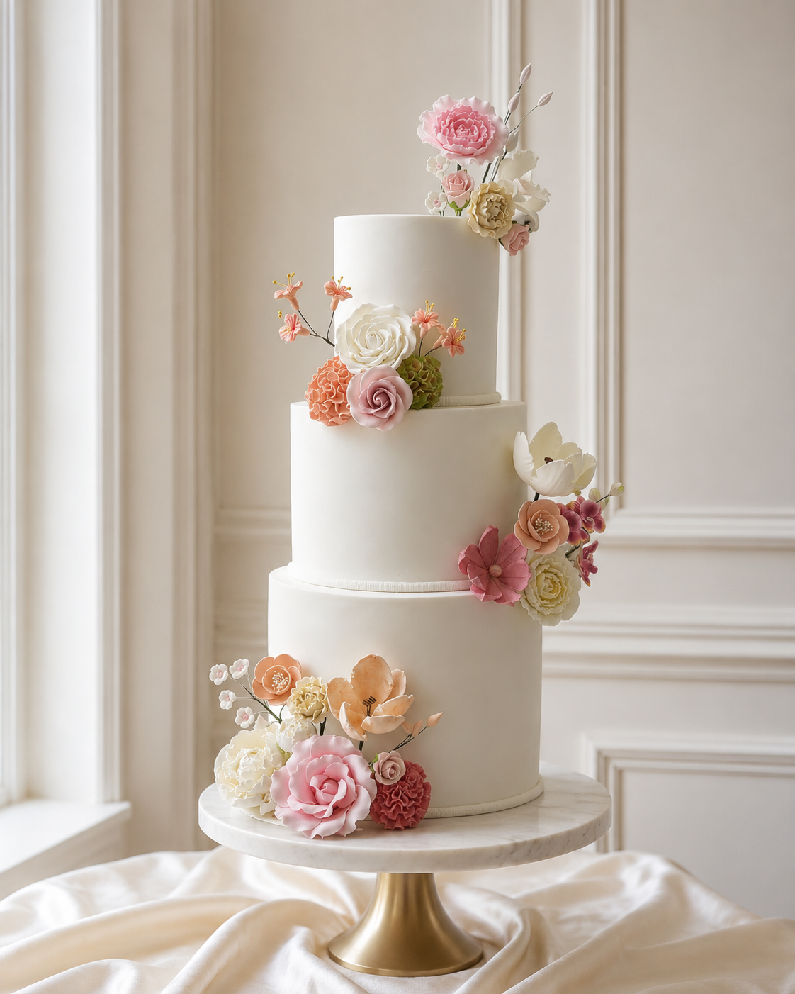 Two tier white celebration cake with blush roses